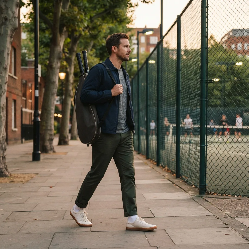 Adult in court sneakers walking a racket bag across a city sidewalk toward a tennis court
