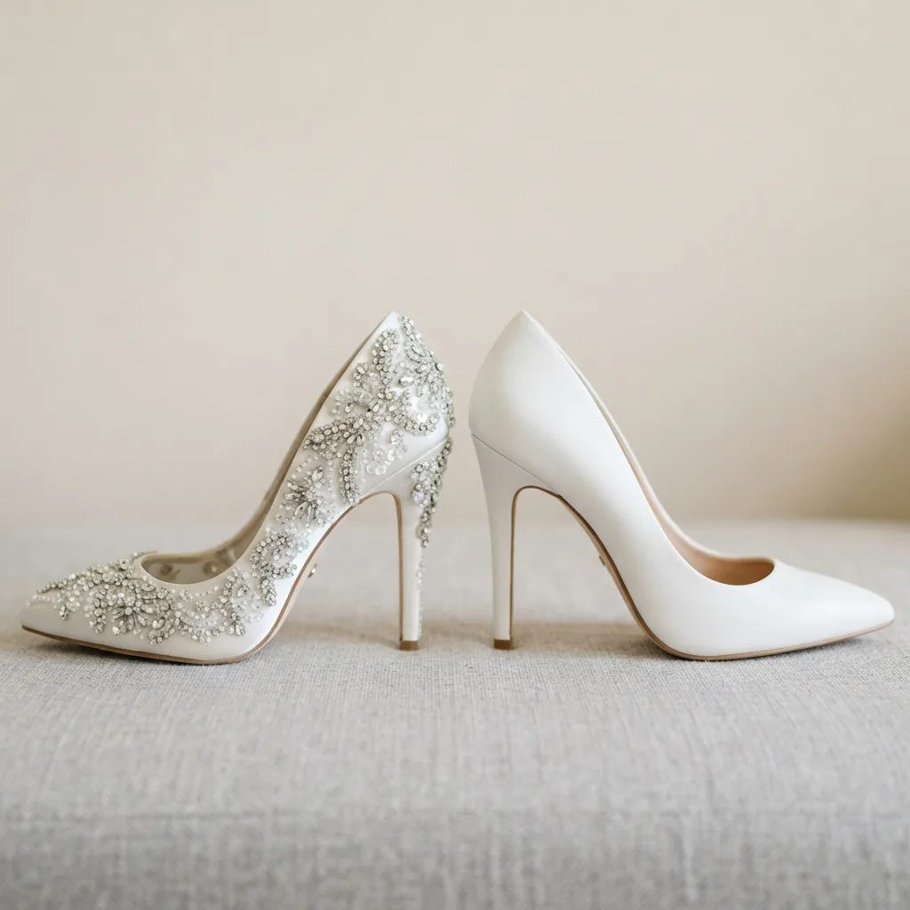 Embellished white heel beside a plain white heel on a neutral surface