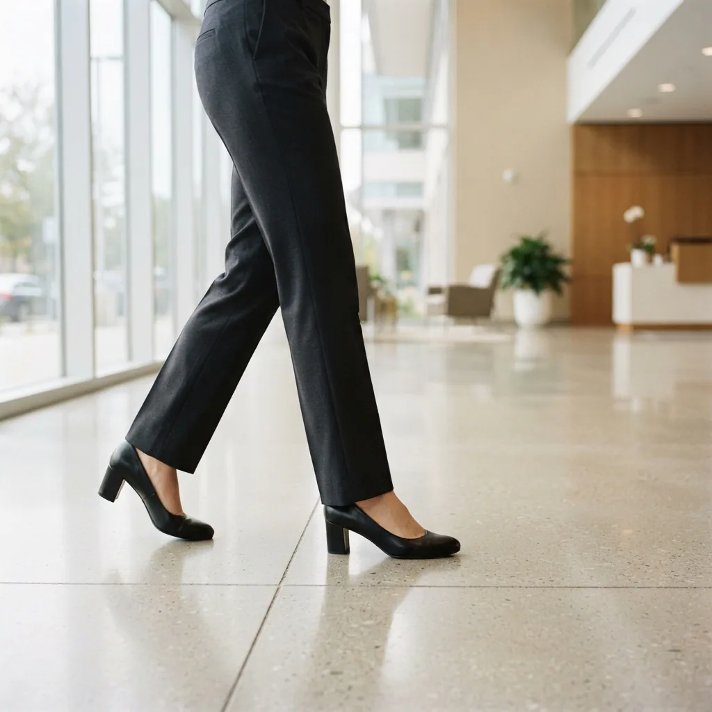Person in tailored trousers walking in black pumps across an office lobby floor, cropped below the knee