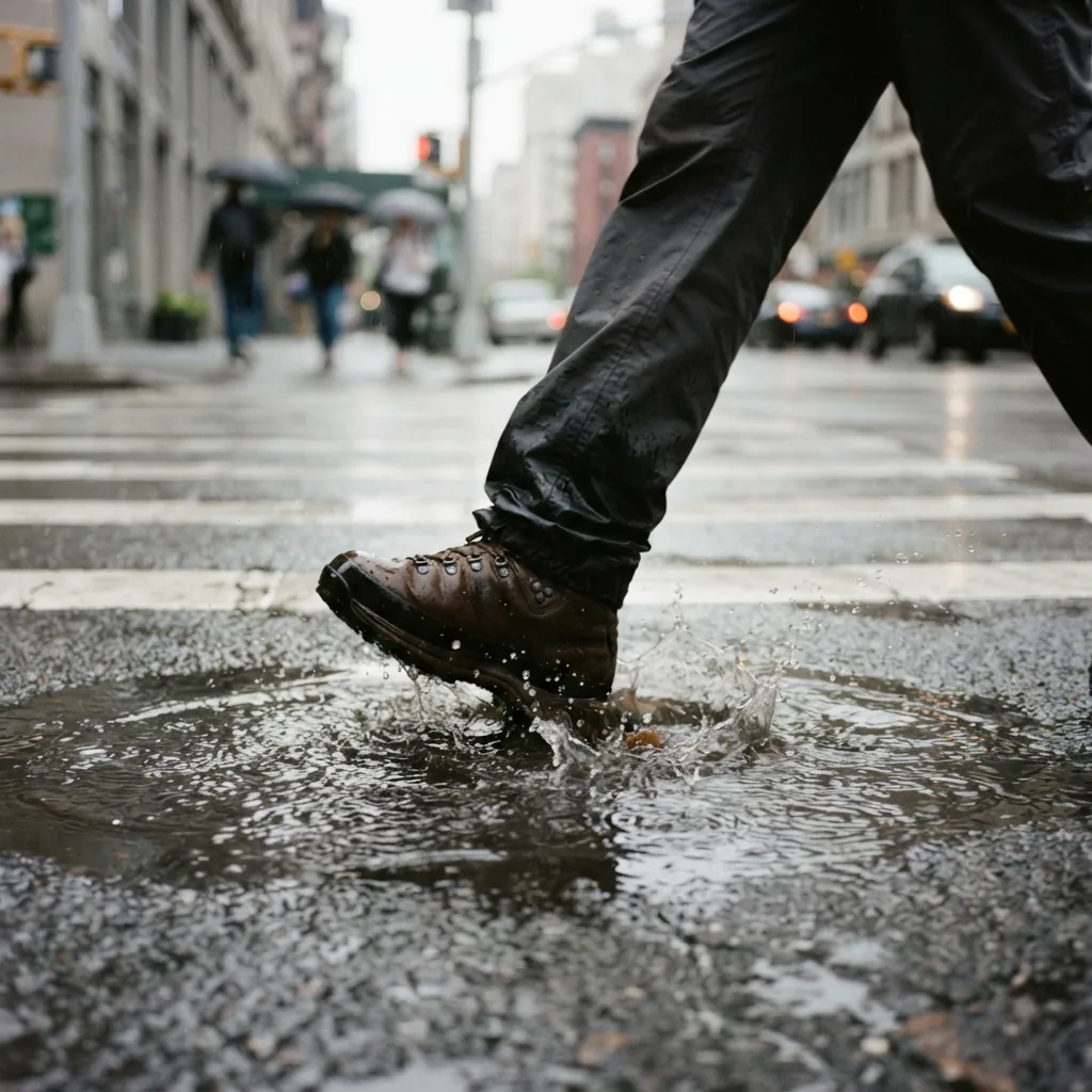 Man's lower leg stepping a waterproof boot into a rain puddle on a city crosswalk