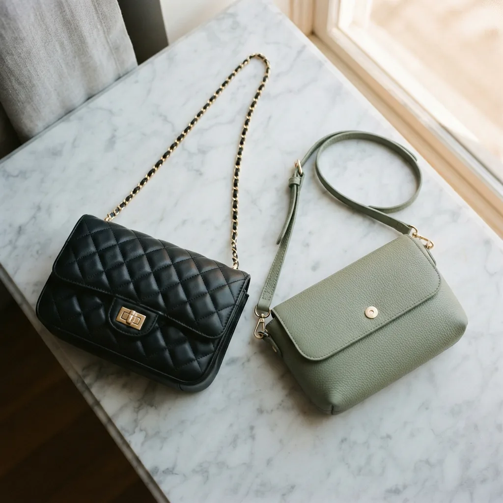 Quilted crossbody bag with a chain strap and a small convertible belt-style bag grouped on a marble surface.