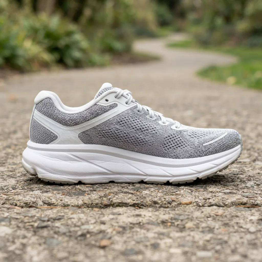 Close-up of a cushioned walking sneaker midsole pressing against a paved path