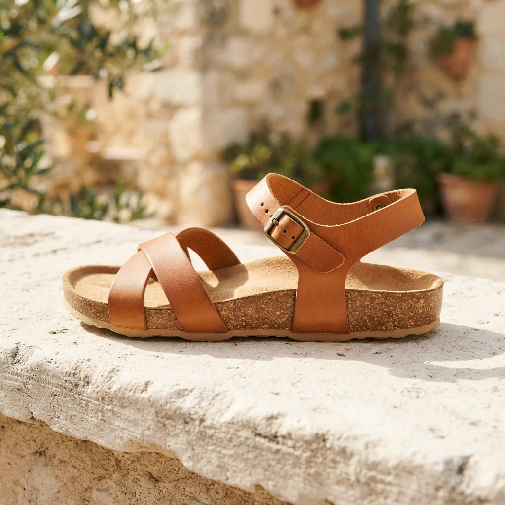 Cushioned cork-footbed sandal with an adjustable strap on a pale stone ledge