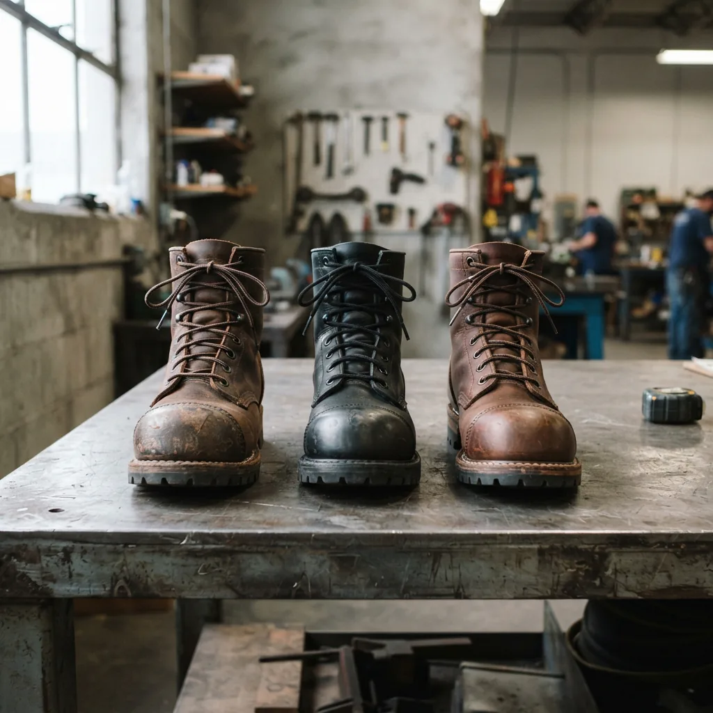 A row of steel toe work boots with reinforced toe caps on a workbench.