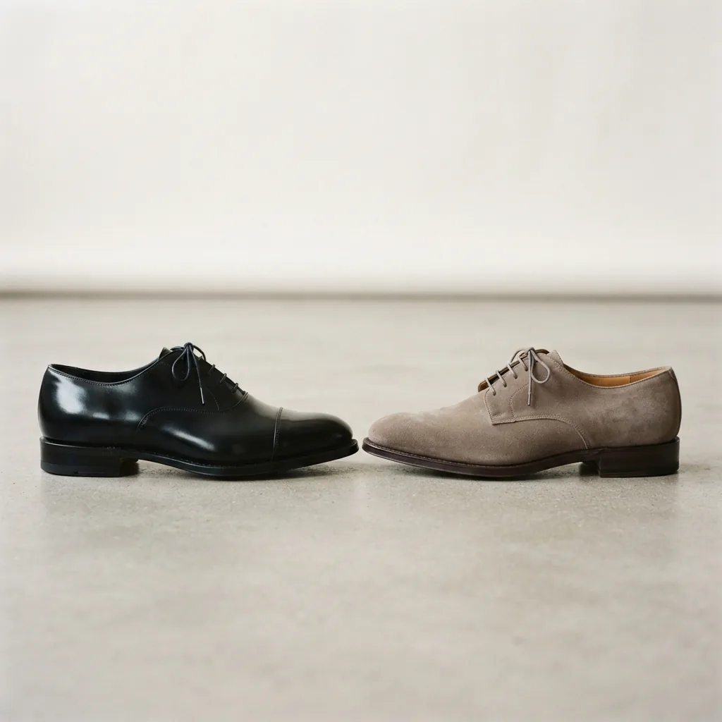 A polished leather dress shoe beside a soft suede dress shoe on a neutral backdrop.