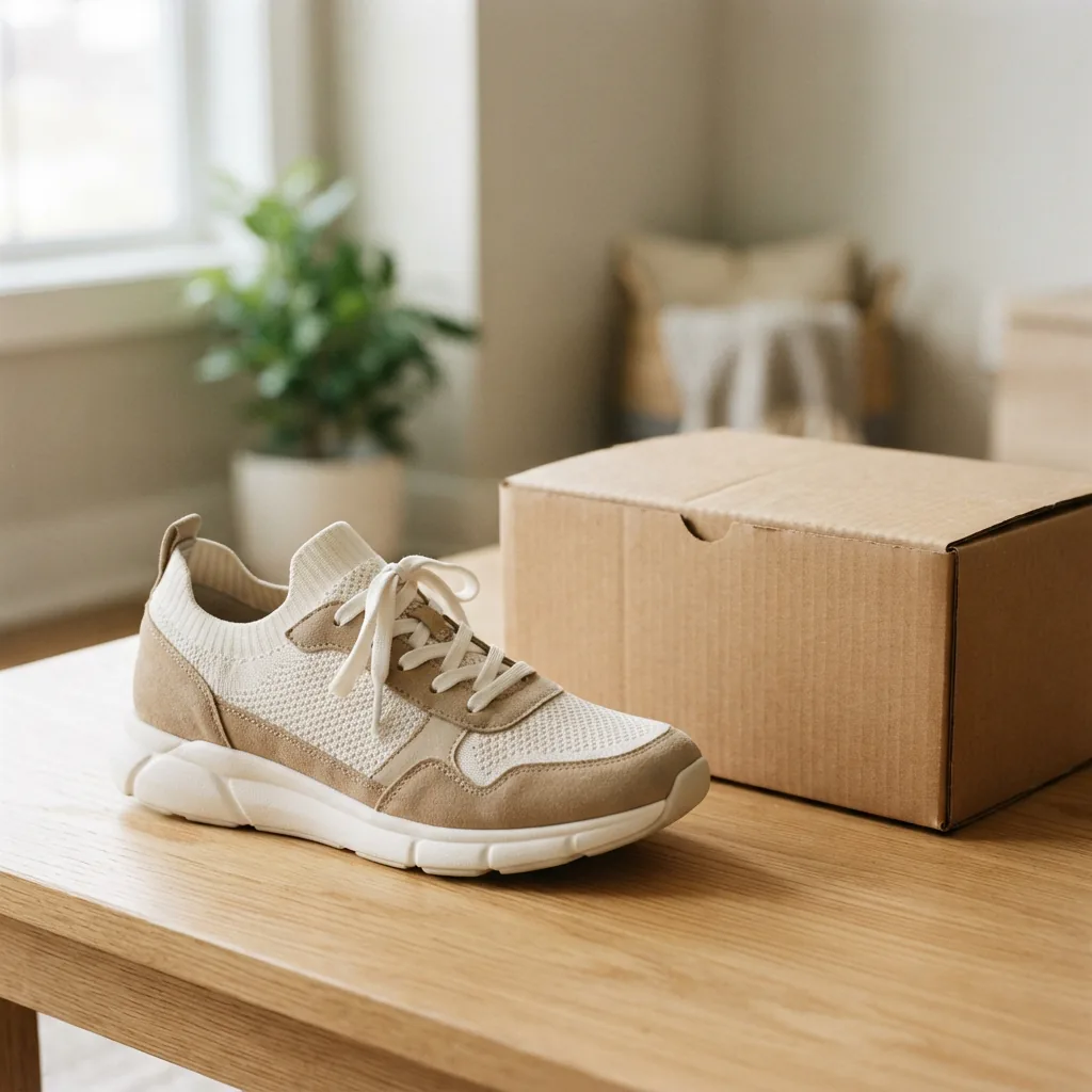 A walking sneaker beside a plain unmarked shipping box on a light table