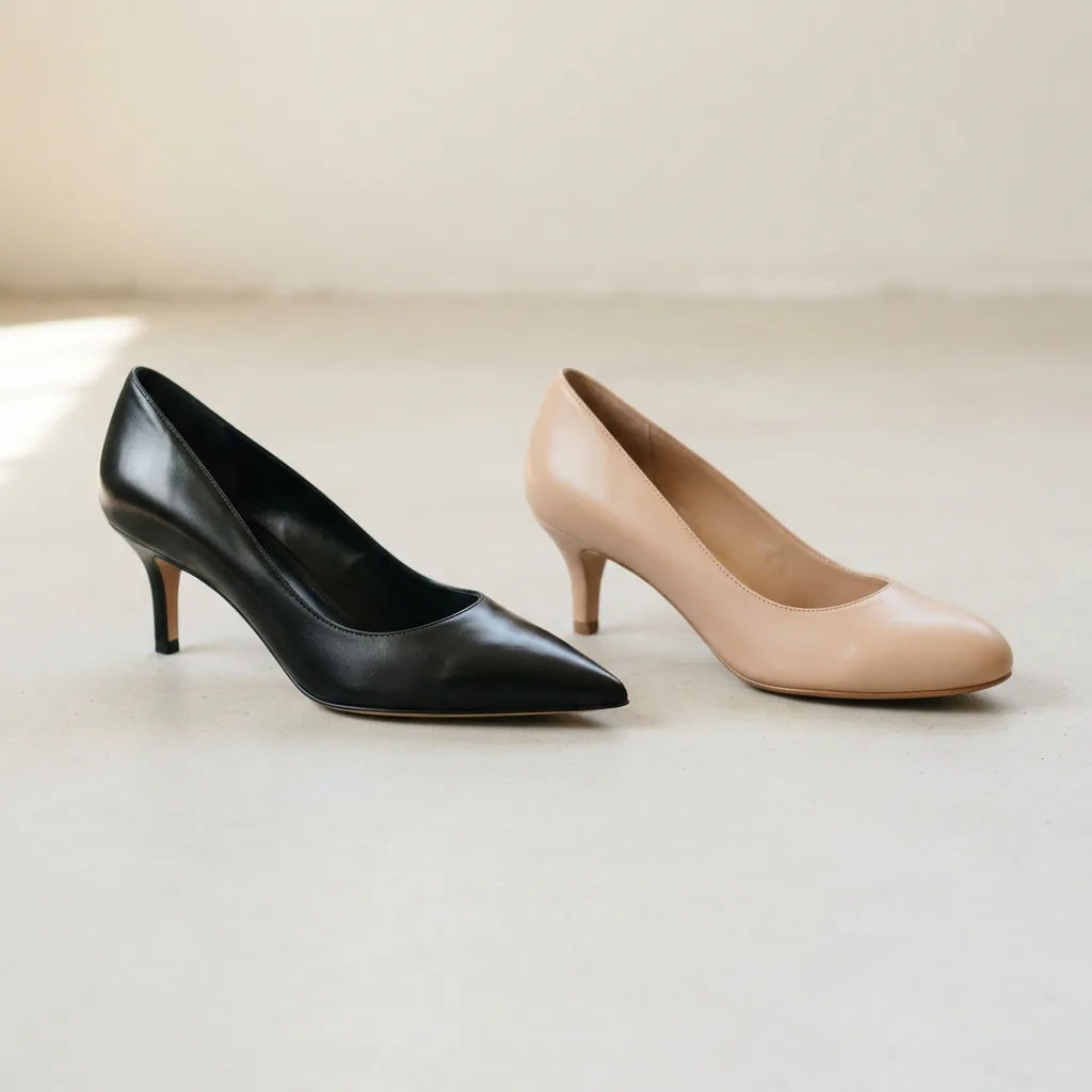 Pointed-toe kitten heel beside a rounded-toe style on a light surface