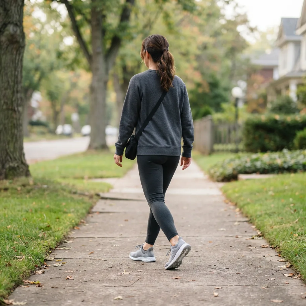 One adult woman walking away from the camera on a tree-lined neighborhood sidewalk