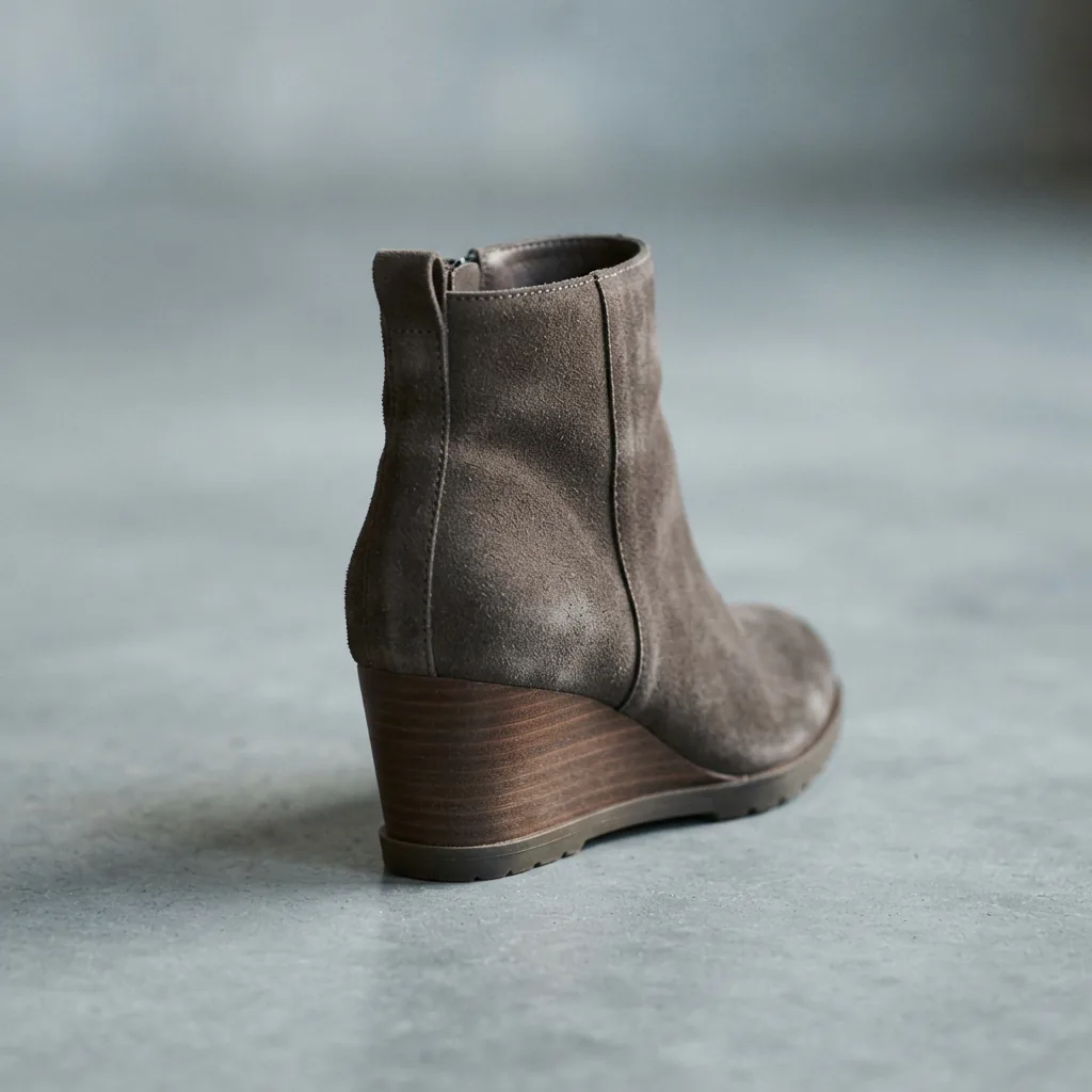 Wedge bootie with an ankle shaft on a cool-toned studio backdrop