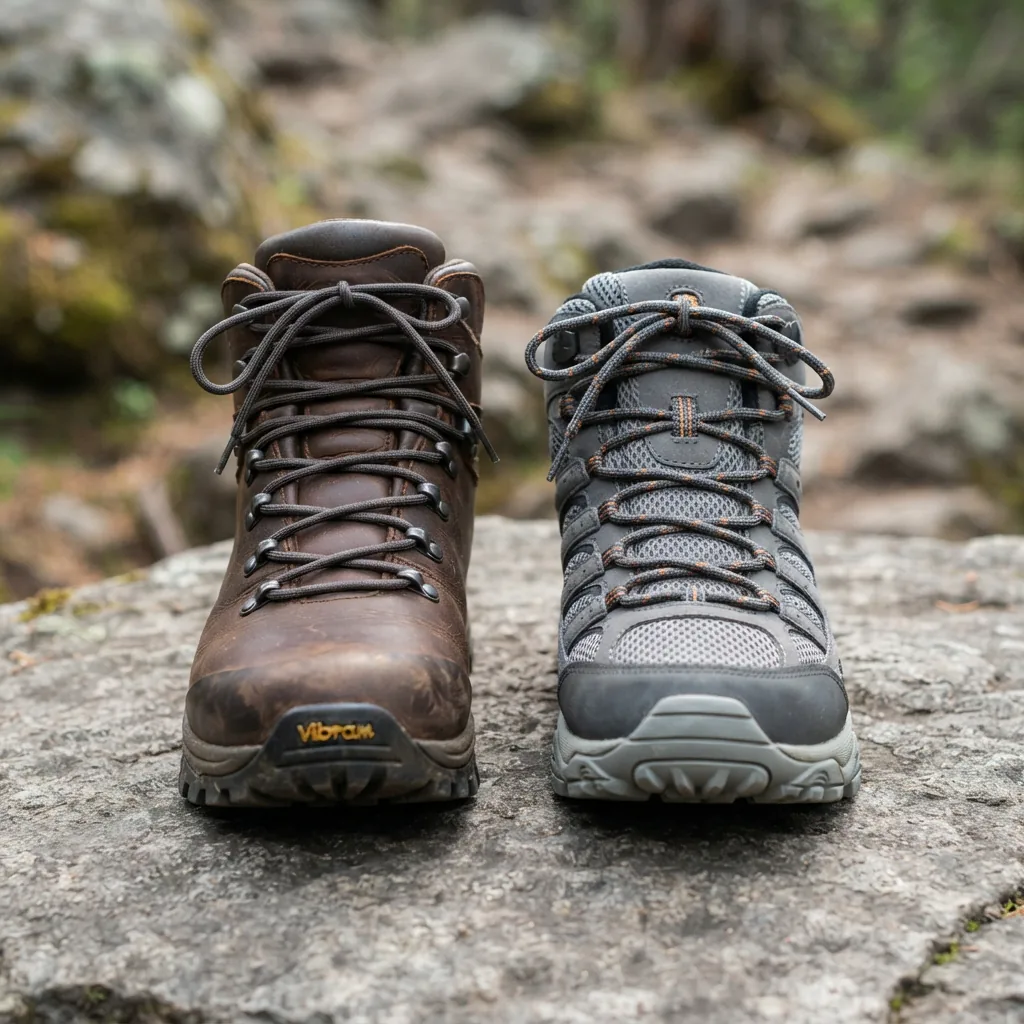 Side-by-side close-up of a waterproof leather hiking boot and a mesh hiking boot on stone
