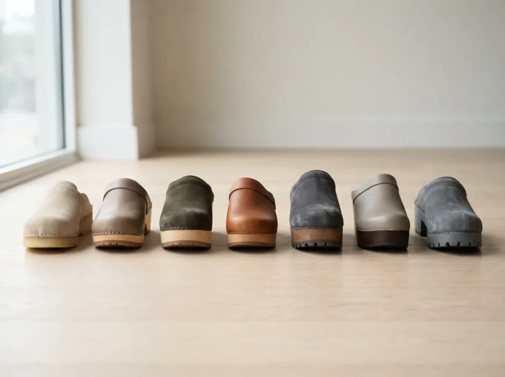 Row of clogs lined up on a light floor showing several sole heights