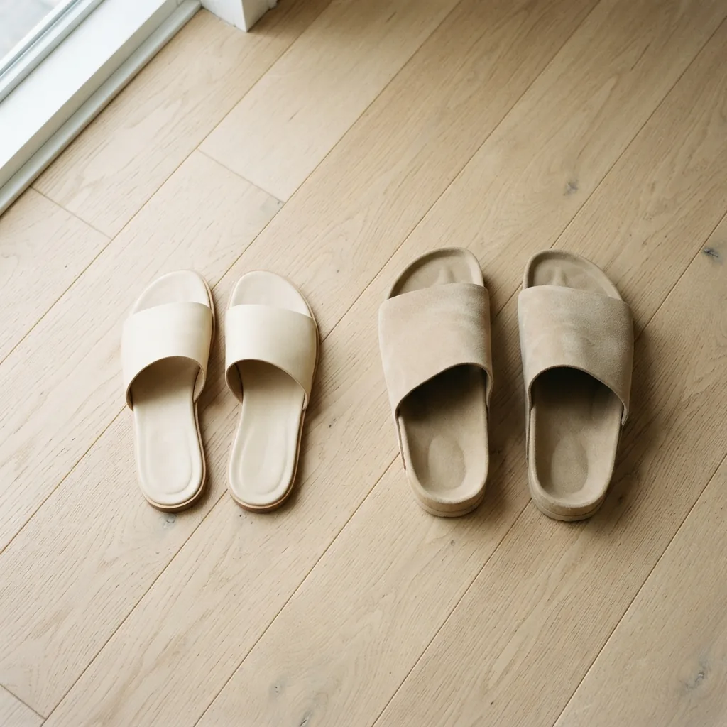 Overhead view of a slim slide sandal and a wide slide sandal placed on a pale wooden floor