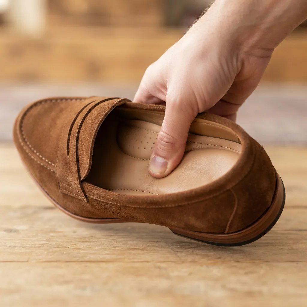 One adult hand pressing a thumb into the cushioned insole of a tilted loafer