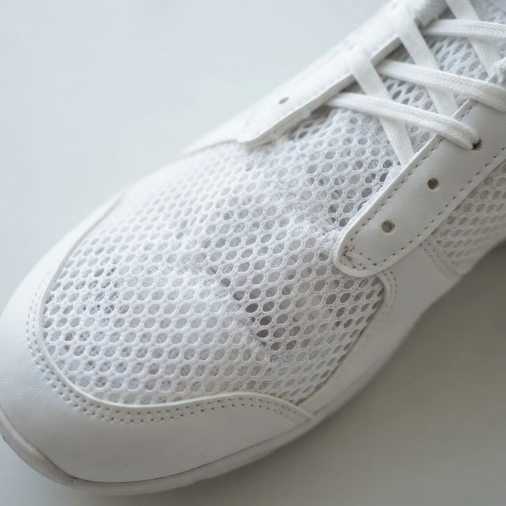 Close-up of a white mesh tennis shoe upper with visible ventilation weave under daylight