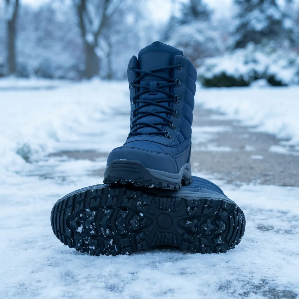 Propet Blizzard men's snow boot standing on a shoveled snowy sidewalk