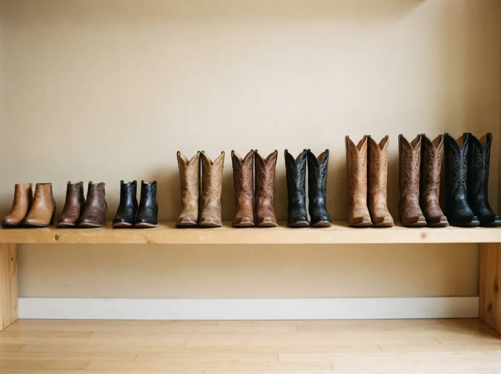 Assorted western boots grouped by shaft height across a light wooden shelf