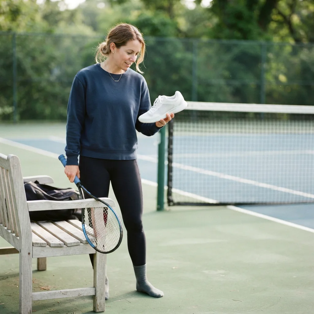Beginner adult holding a racket and one unbranded tennis shoe at a court-side bench