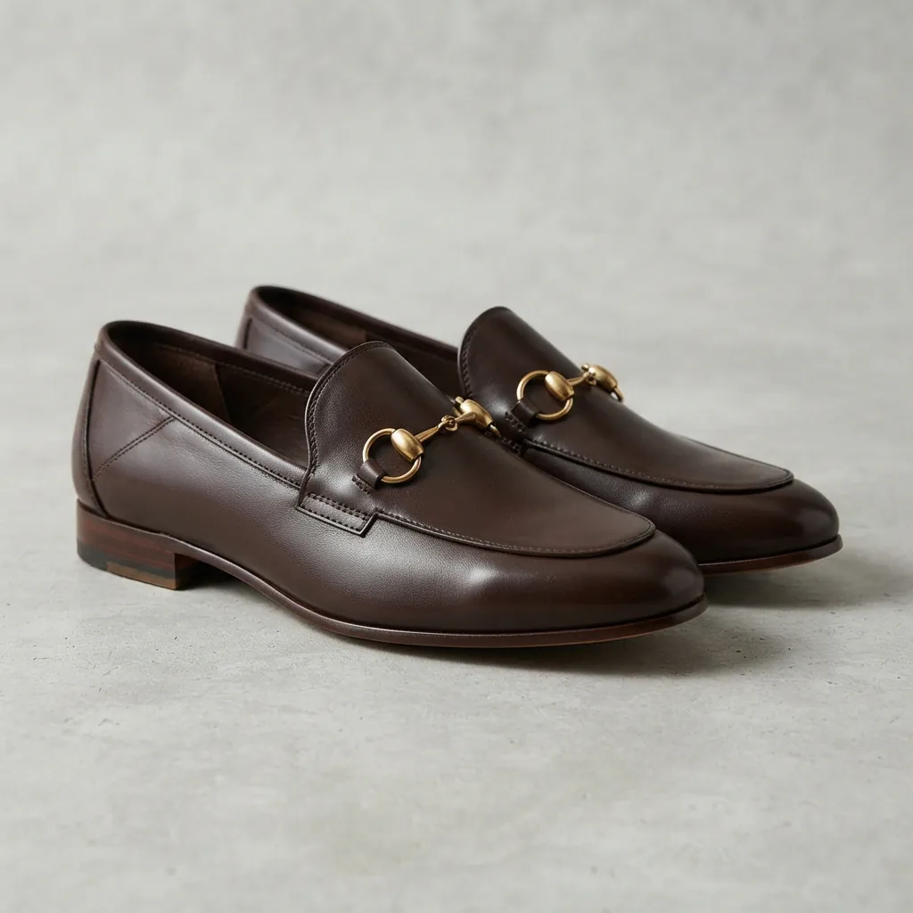 One pair of women's horsebit loafers with chain detail on a pale grey surface
