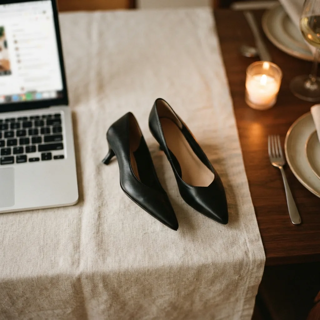 A pair of kitten heels placed between a work desk corner and a candlelit dinner setting