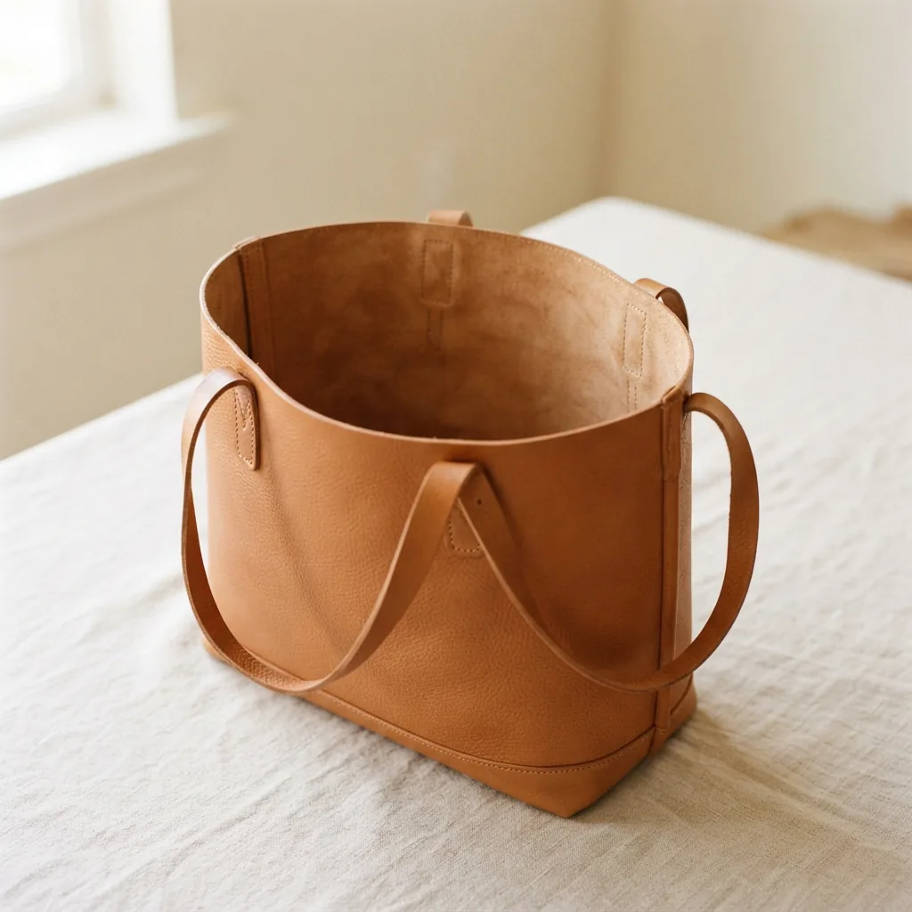 Open roomy tote bag showing a wide interior on a light neutral surface