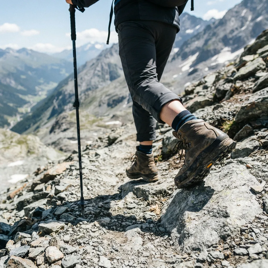 Rugged hiking boots descending a steep rocky trail with deep tread