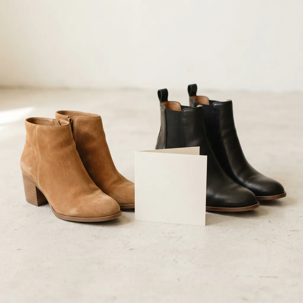 Two pairs of ankle booties grouped together on a light studio surface suggesting a value comparison