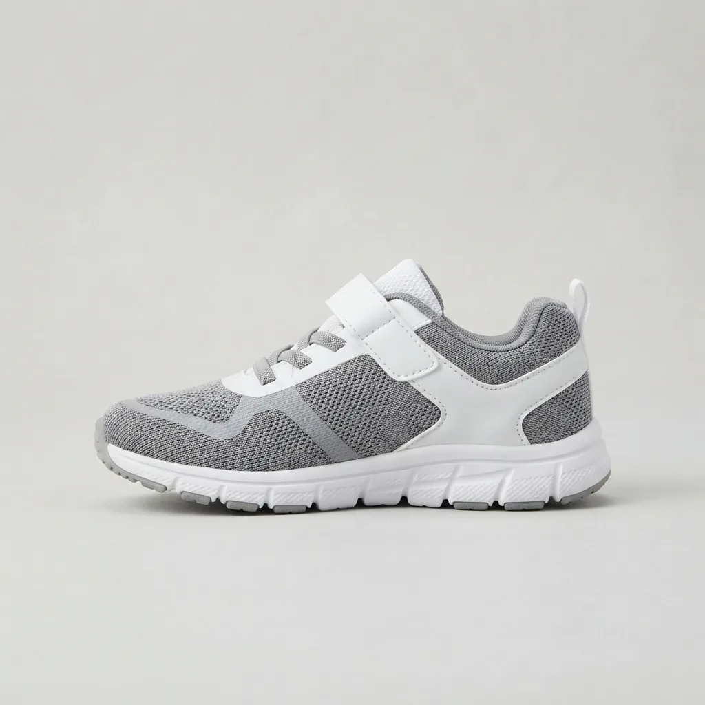 A kids' lightweight sneaker with an adjustable hook-and-loop strap shown in side profile