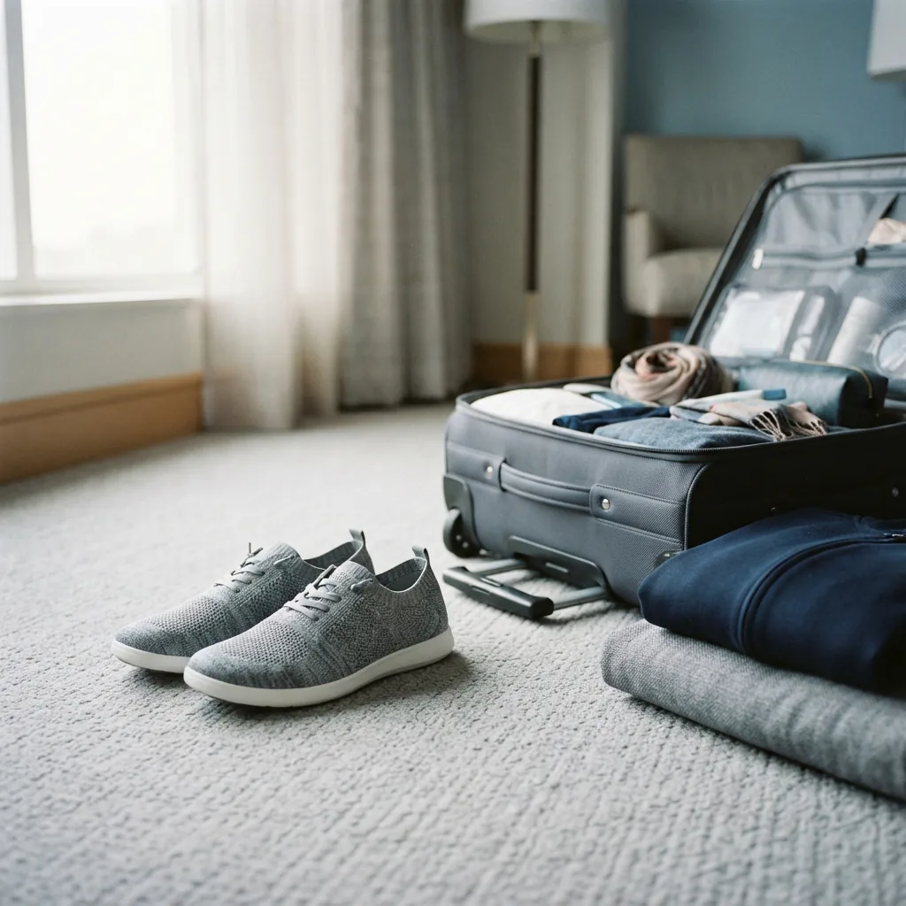 Lightweight knit slip-on shoes on a hotel floor beside an open rolling suitcase