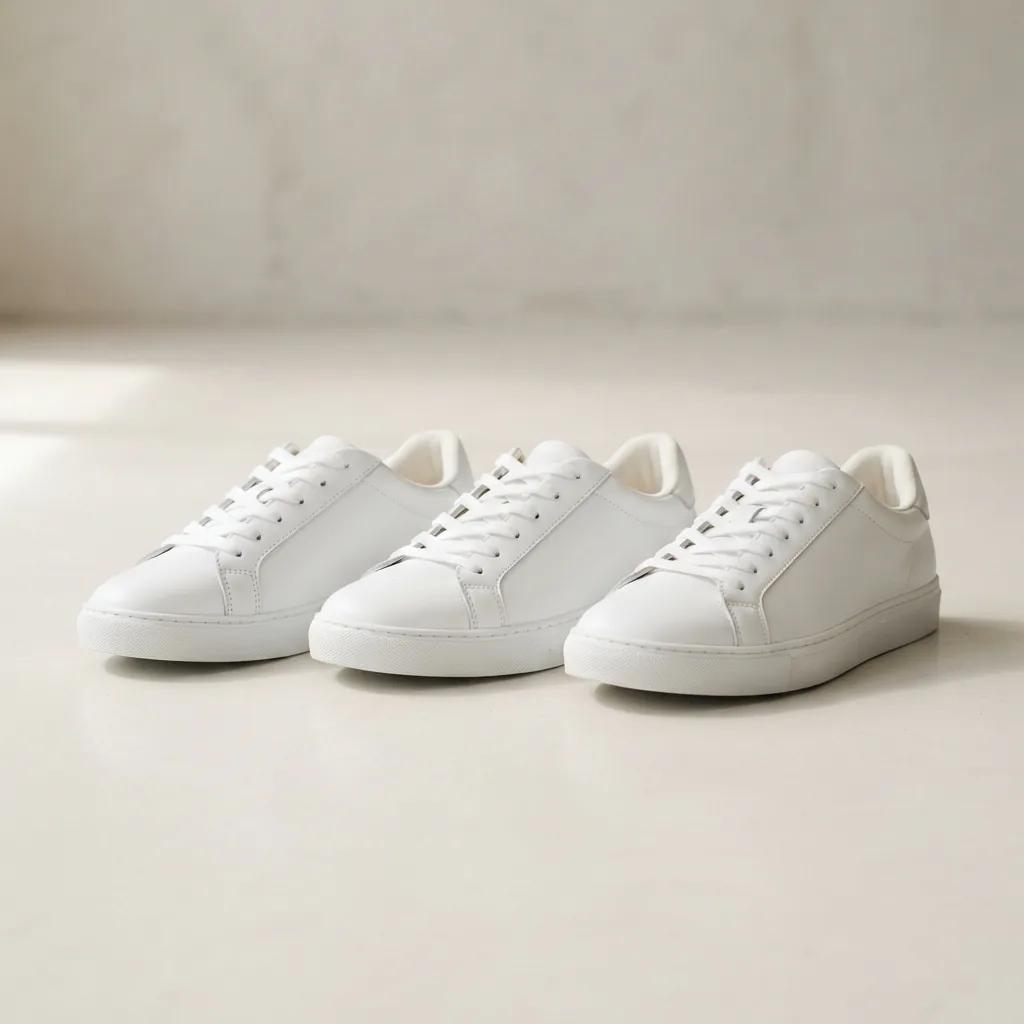 Low-top court-style women's sneakers in white arranged together on a pale studio surface