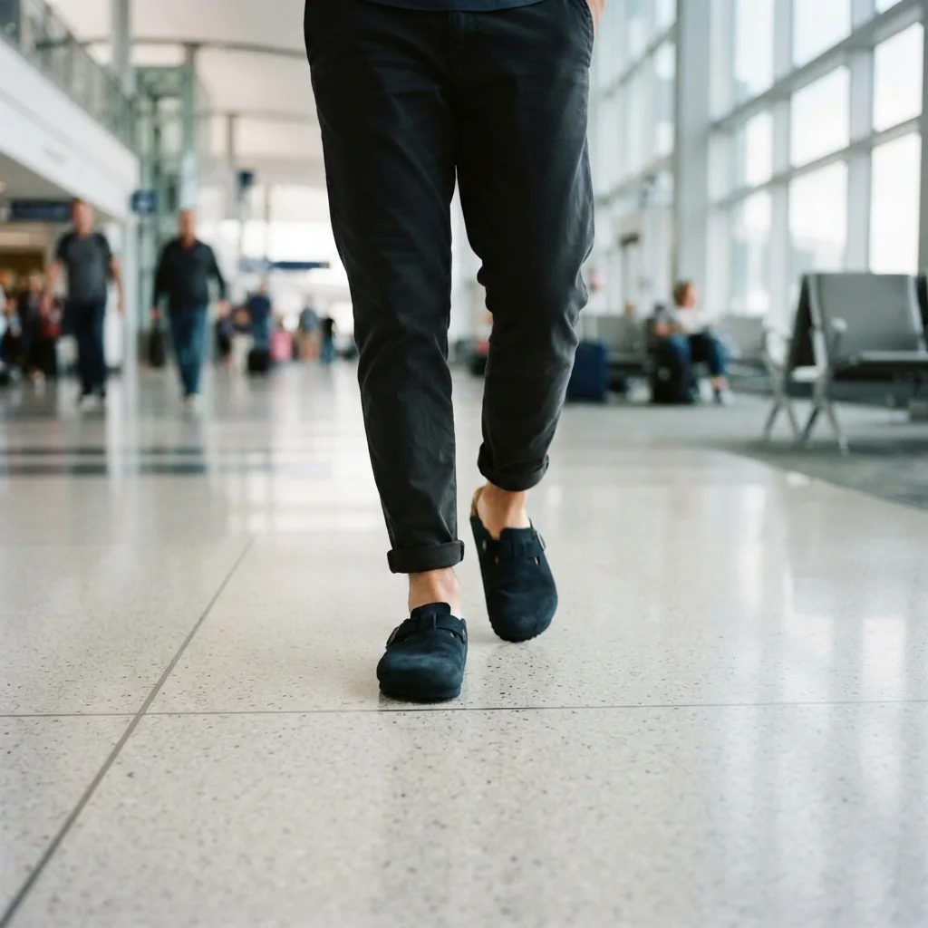 Adult traveler walking through a bright terminal wearing slip-on clogs