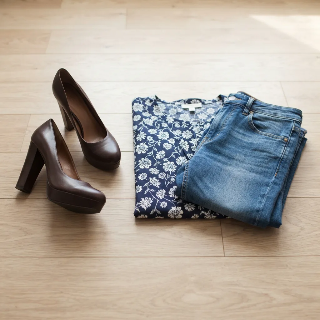 Platform heels placed beside a folded dress and denim for occasion planning