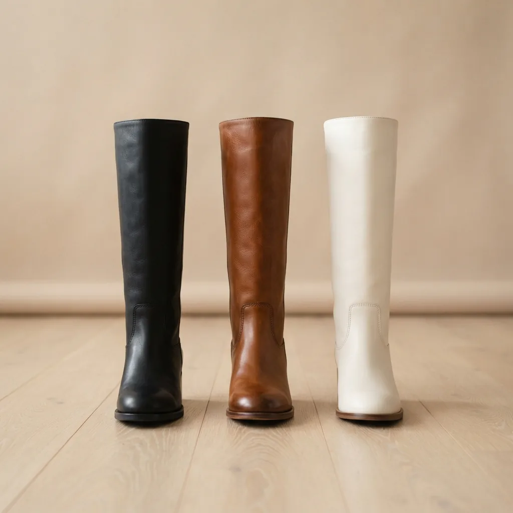 Black, brown and white unbranded knee high boots lined up on a neutral studio floor