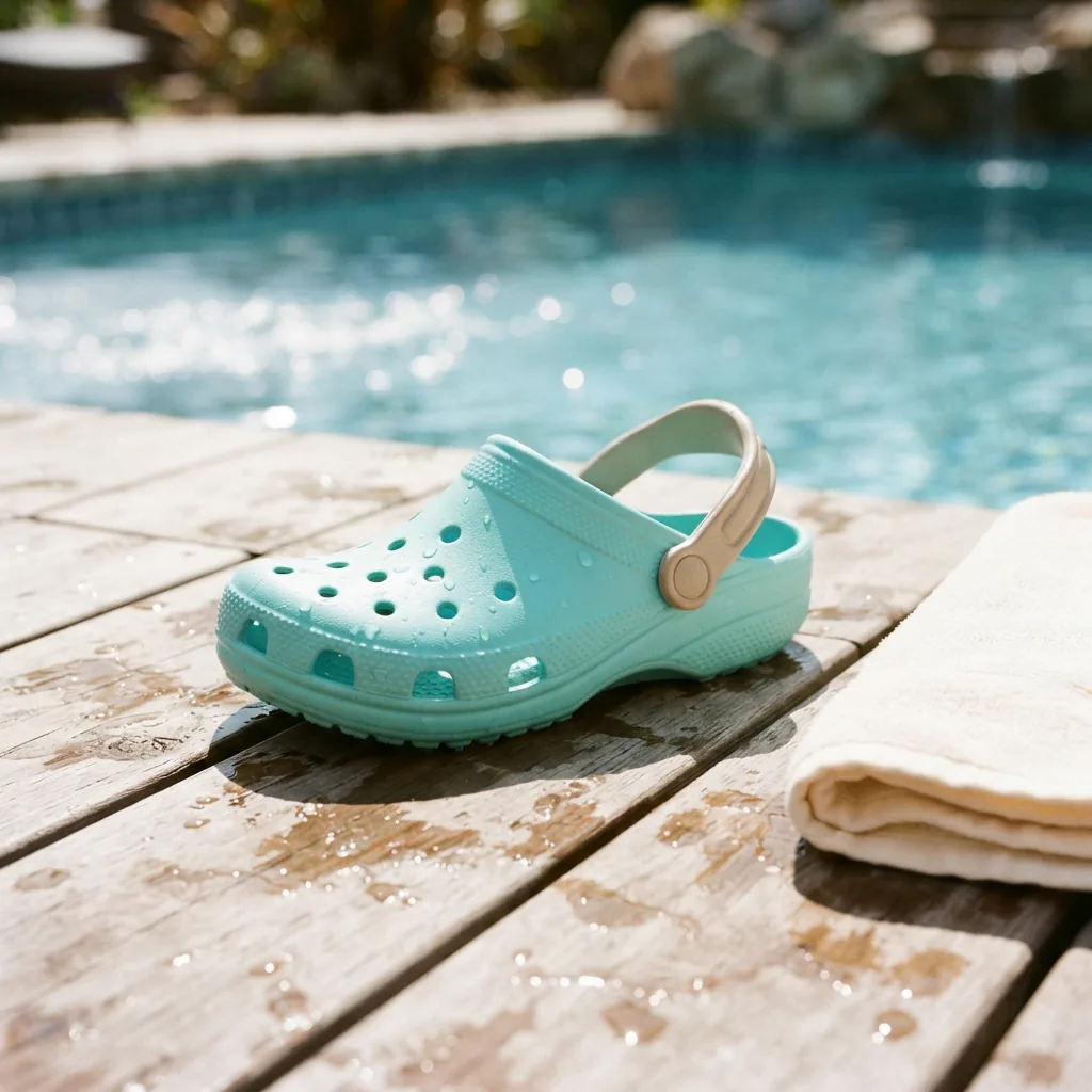 A children's ventilated clog on a sunlit poolside deck with water droplets and a folded towel edge