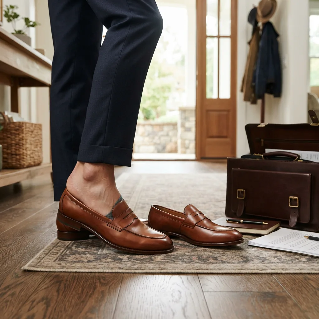 Slip-on loafers being stepped into beside an open briefcase by a front door