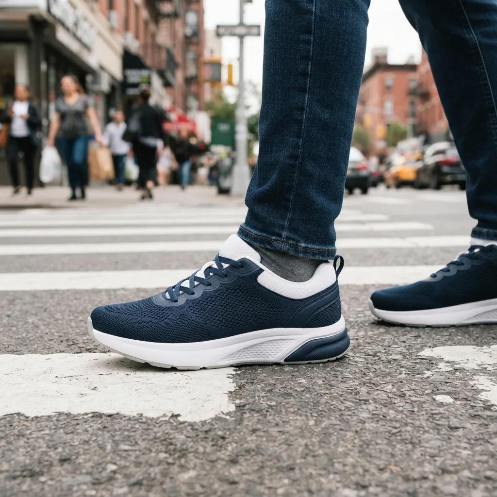 An unbranded cushioned walking shoe on a city crosswalk during a daytime commute