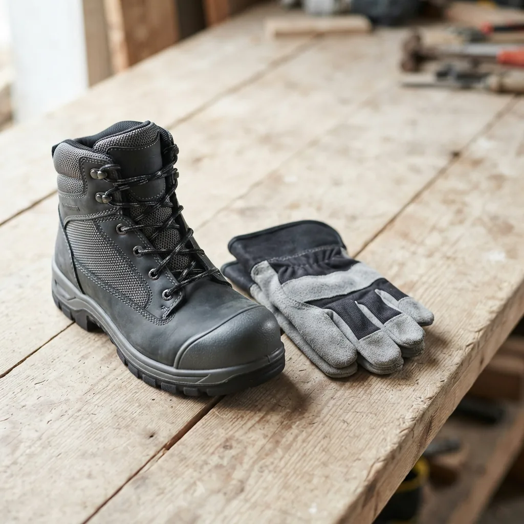 A women's steel toe work boot beside a work glove on a light bench.