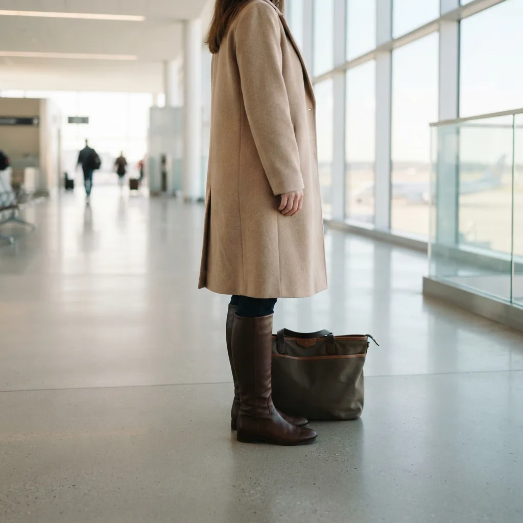 Traveler in a long coat and unbranded knee high boots standing with a single bag in a bright hall
