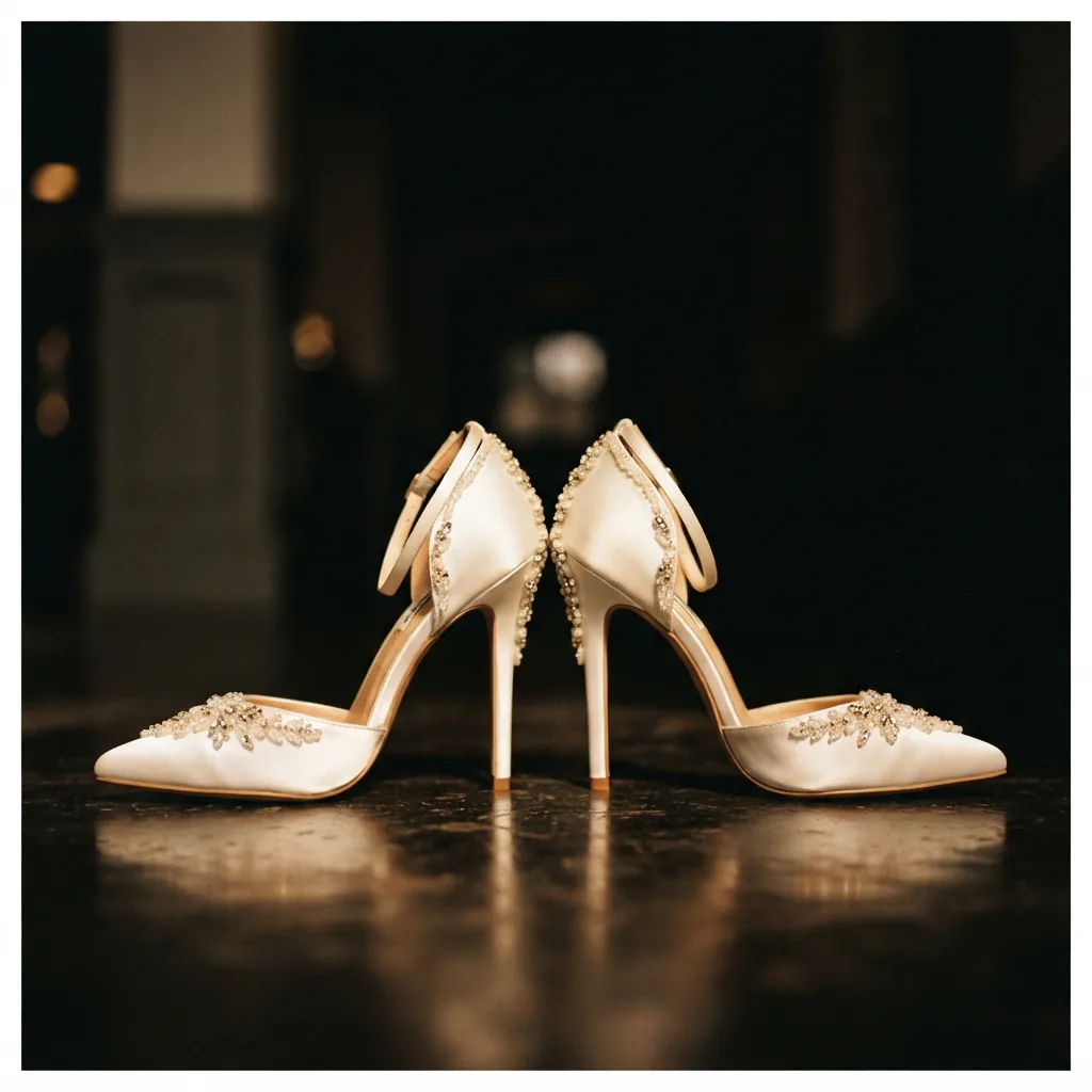 Embellished white dressy heels on a dark evening-lit surface