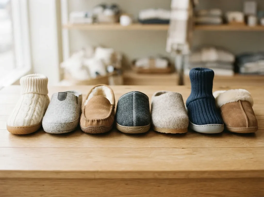 Assorted slipper styles in knit, suede and rubber-soled designs lined up side by side on a light wooden surface