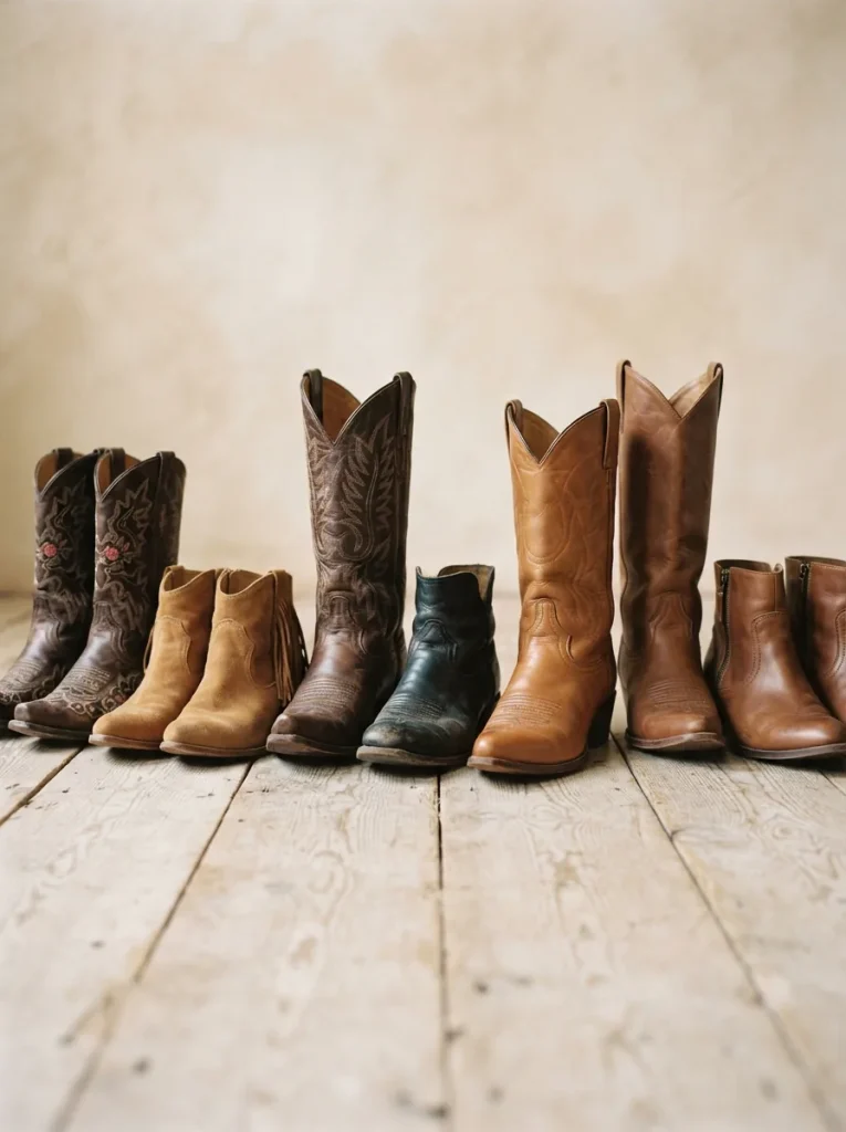 Assortment of women's western boots in brown and black leather arranged on a light wooden floor