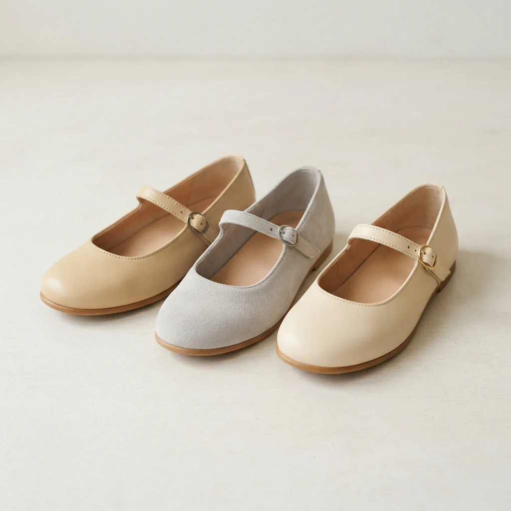 Three low-profile Mary Jane flat shoes grouped together on a light surface