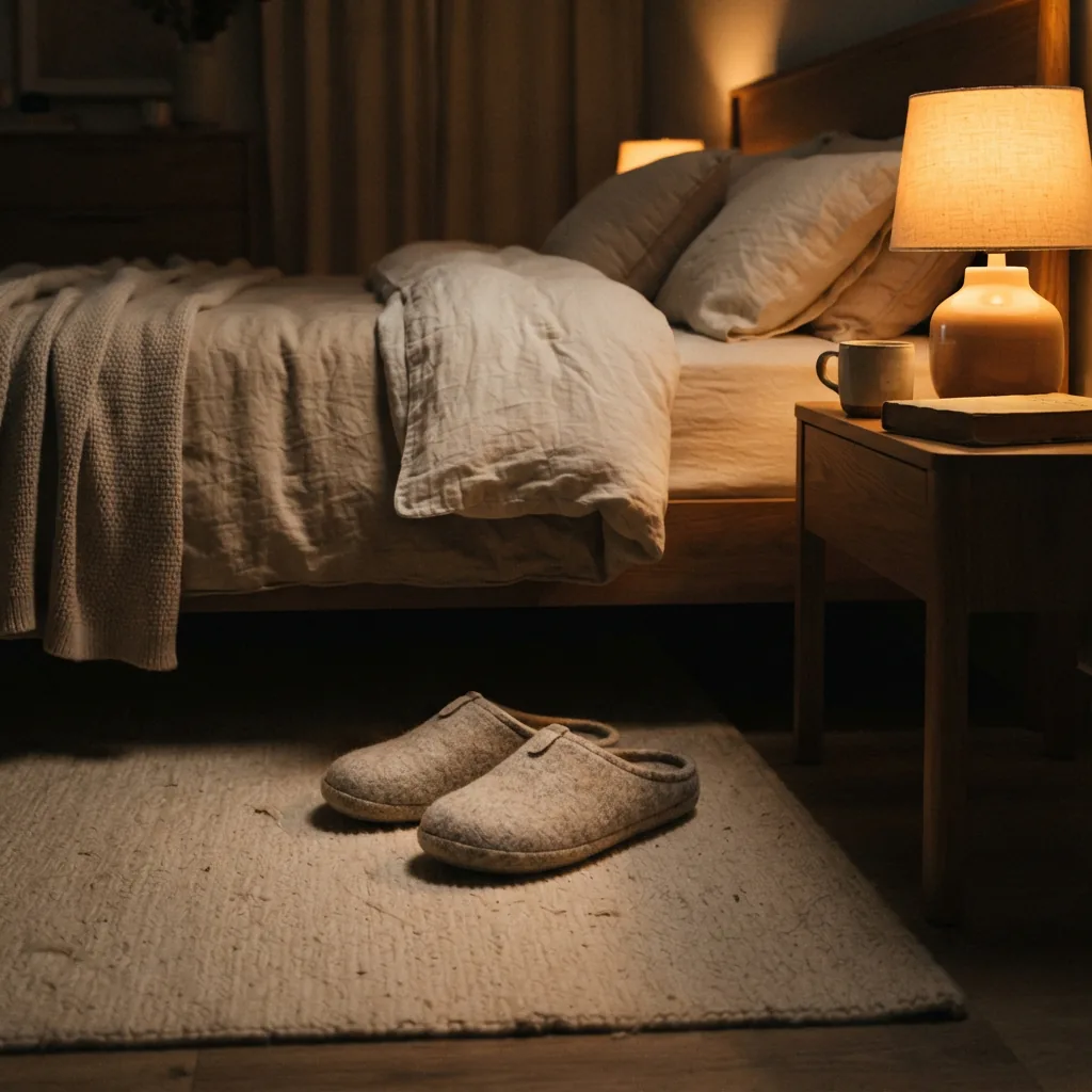 A pair of soft slippers beside a bed on a pale rug with a warm lamp glow behind