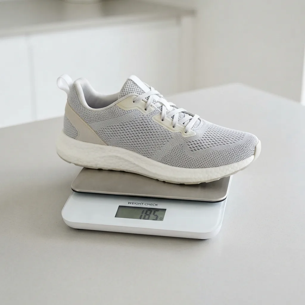 A lightweight tennis shoe balanced on a fingertip scale against a plain studio backdrop
