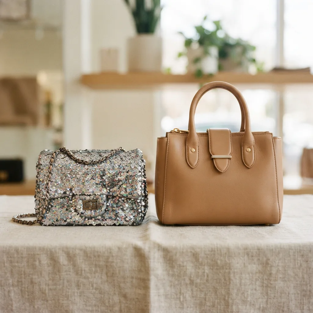 Two purses from different brands placed together to compare shape and finish