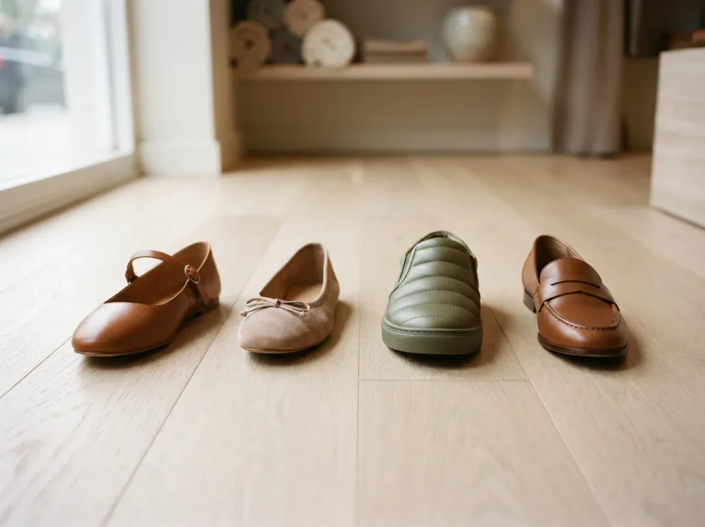 Four flats in a row, a strapped Mary Jane, a ballet flat, a slip-on and a loafer, on a pale wooden floor