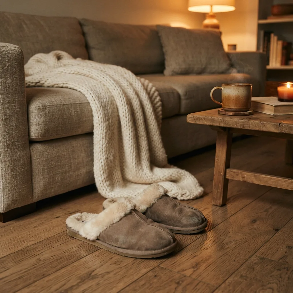 Faux-fur lined slip-on shoes on a wooden living room floor beside a knit blanket