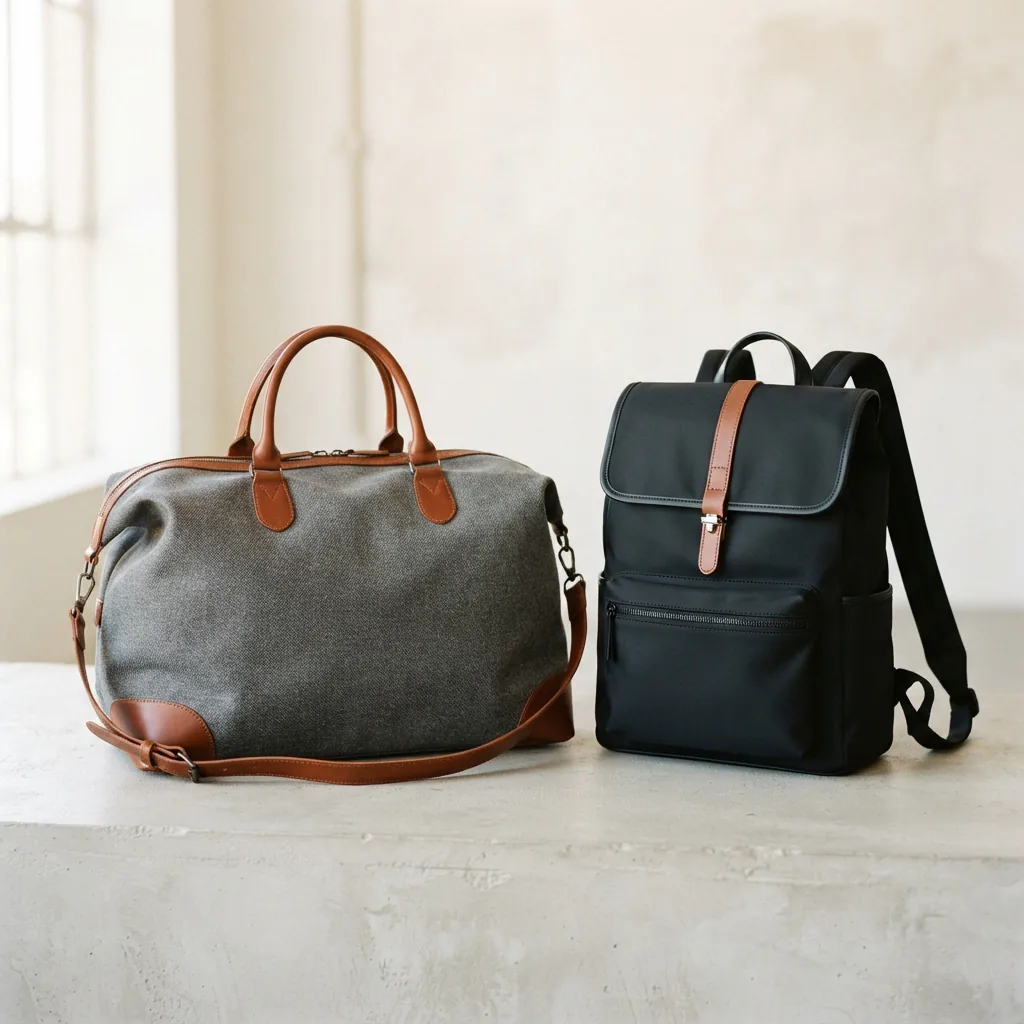 Soft oversized weekender bag beside a structured backpack on a light neutral studio surface