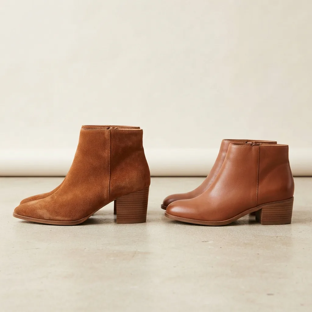 A pointed-toe ankle bootie and a rounded-toe ankle bootie lined up on a light studio surface