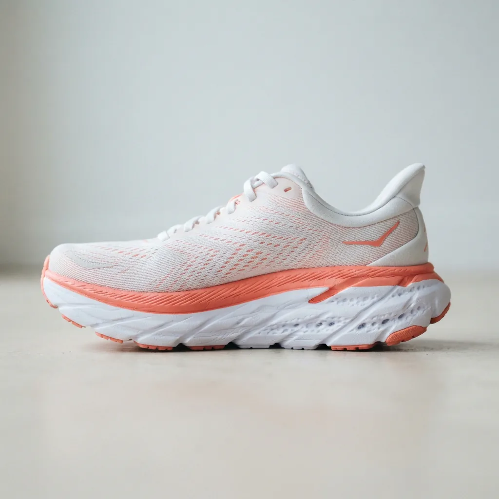 One unbranded cushioned running shoe with a thick soft midsole in side profile on a light studio surface