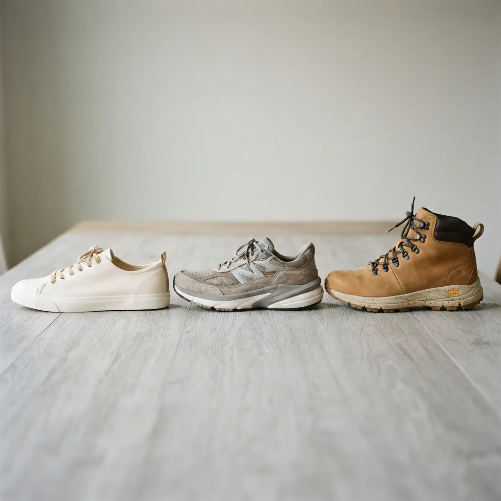 Three unbranded men's shoes lined up for comparison: a sneaker, a running shoe and a boot